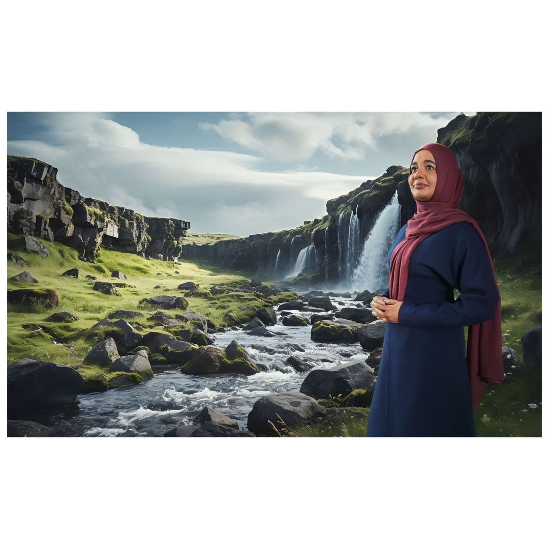 Woman in hijab stands by a stream and waterfall in a green, rocky landscape under a cloudy sky, looking upward.