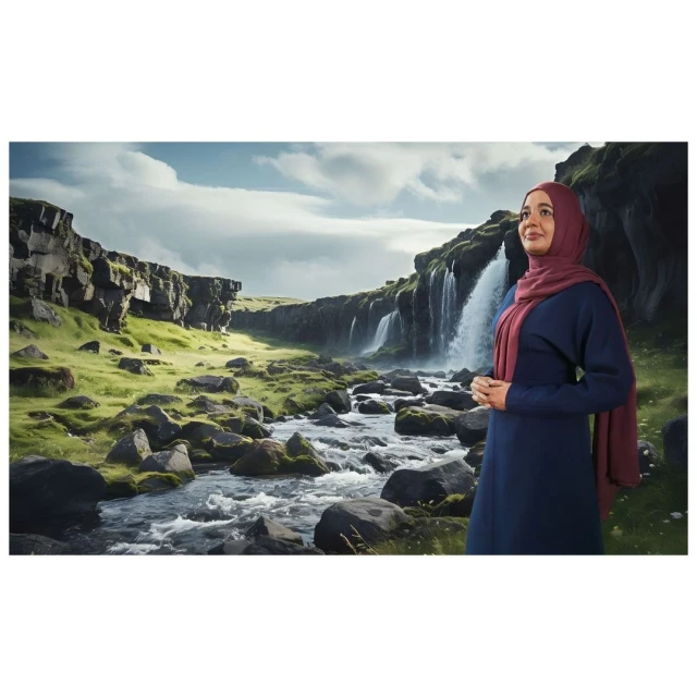 Woman in hijab stands by a stream and waterfall in a green, rocky landscape under a cloudy sky, looking upward.
