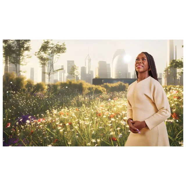 Adult female in a beige dress stands in a wildflower meadow with a futuristic cityscape in the background, looking up towards the light.