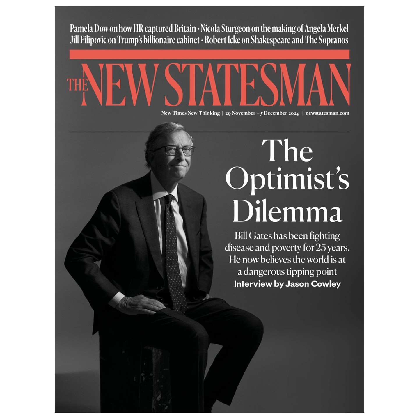 The New Statesman magazine cover featuring Bill Gates in a suit, sitting with the title 'The Optimist's Dilemma'.
