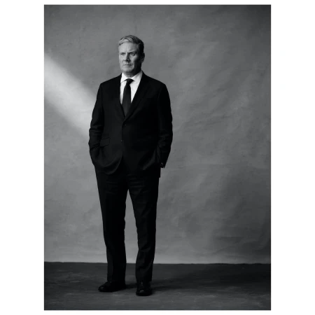 Full portrait of an adult male in a dark suit and tie stands in front of a textured gray background with soft studio lighting.