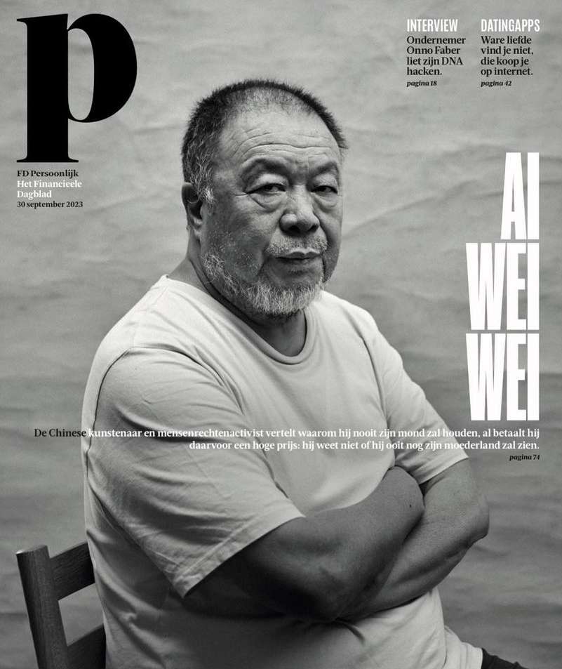 Monochrome portrait of Ai Weiwei on a magazine cover. The image features Ai Weiwei with the magazine's title 'P' and text visible.