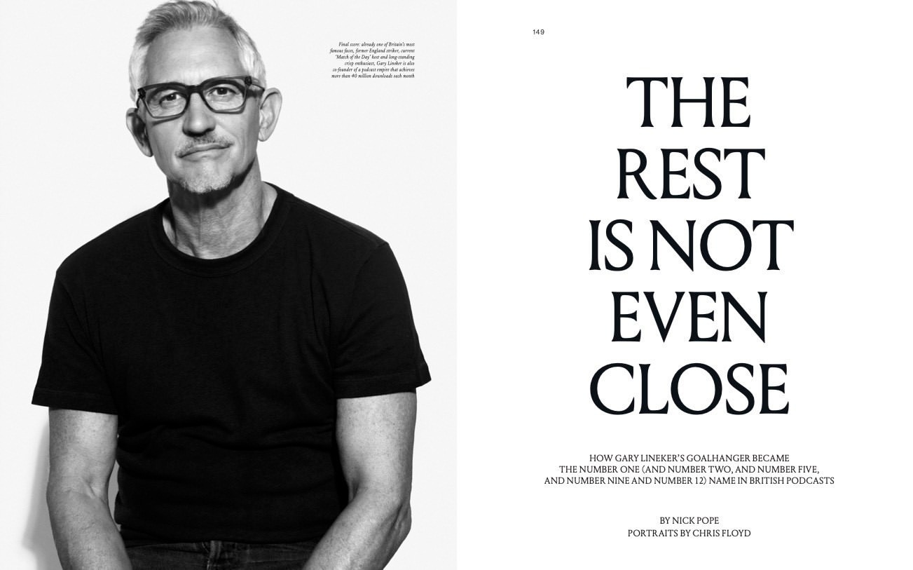 Black and white portrait of a man with glasses and a mustache, wearing a dark shirt against a white background, next to text.