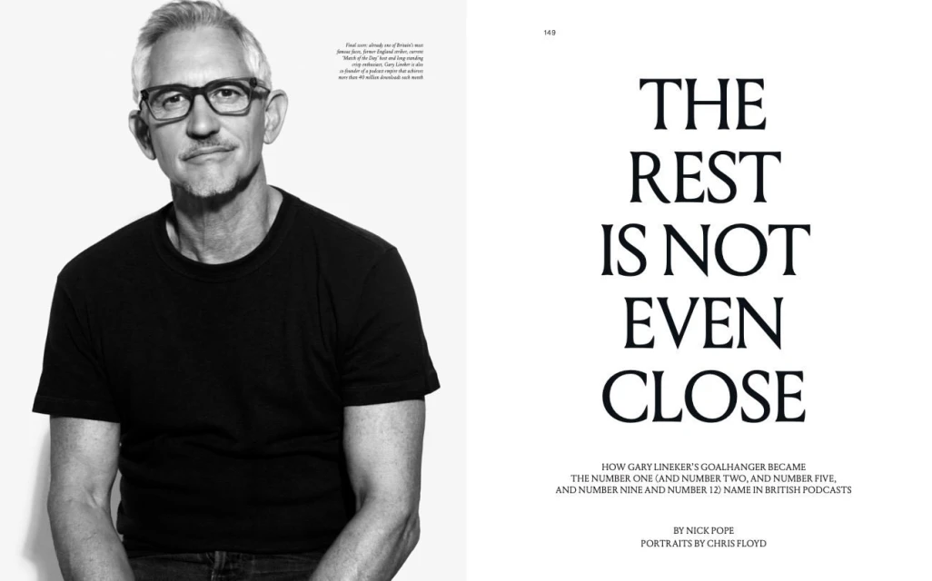 Black and white portrait of a man with glasses and a mustache, wearing a dark shirt against a white background, next to text.