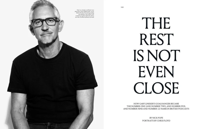 Black and white portrait of a man with glasses and a mustache, wearing a dark shirt against a white background, next to text.