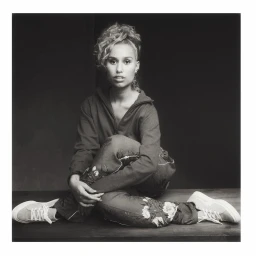 Monochrome portrait of a seated woman wearing patterned trousers and sneakers against a dark background