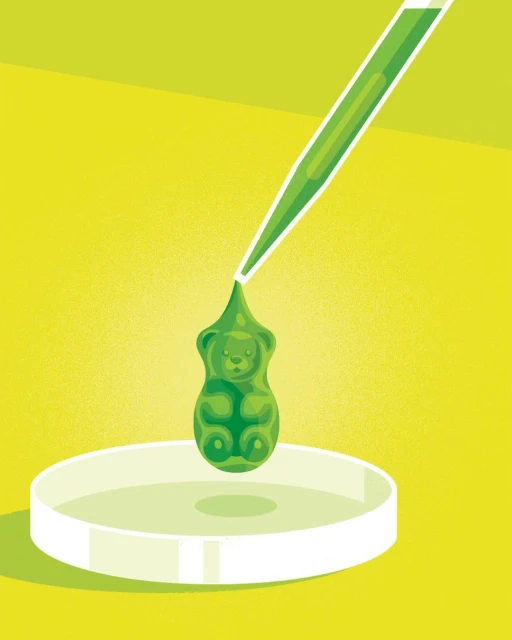 Illustration of a gummy bear suspended in a petri dish, being dripped on by a pipette filled with green liquid, set against a bright yellow background.