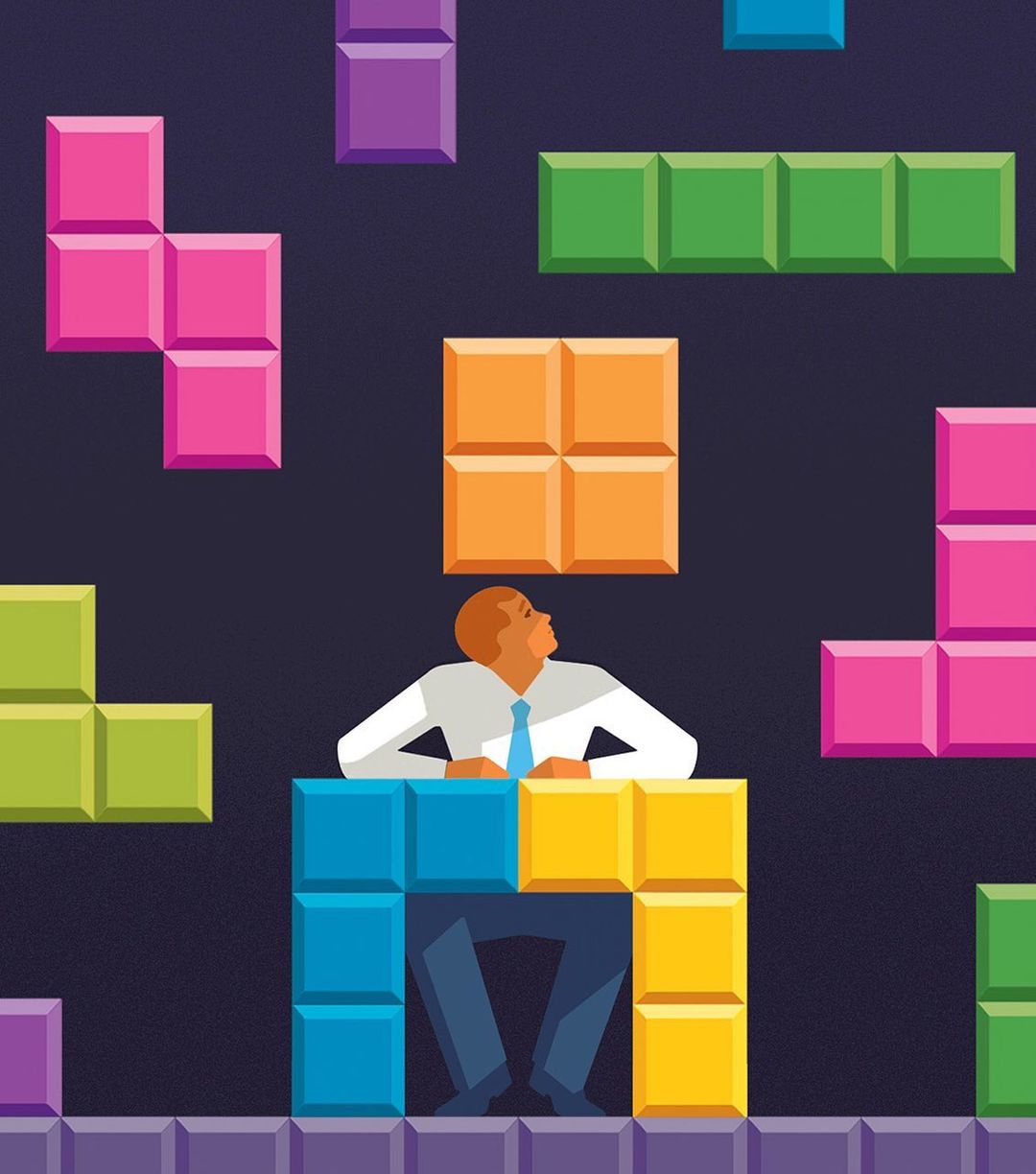 Illustration of a man seated behind a short wall made of blue and yellow building blocks, with additional Tetris-like blocks floating in the background.