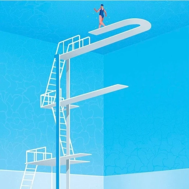 Illustration of a person on a diving board, preparing to dive into a blue water pool, with a ladder system for access.