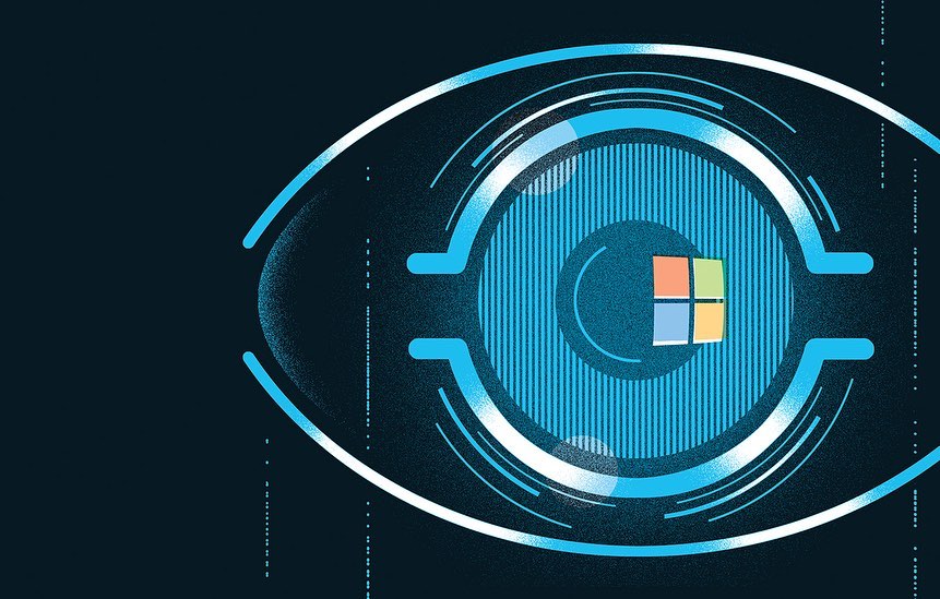 Illustration of an eye with blue lines and a Microsoft logo inside the pupil, set against a dark blue background with digital grain.