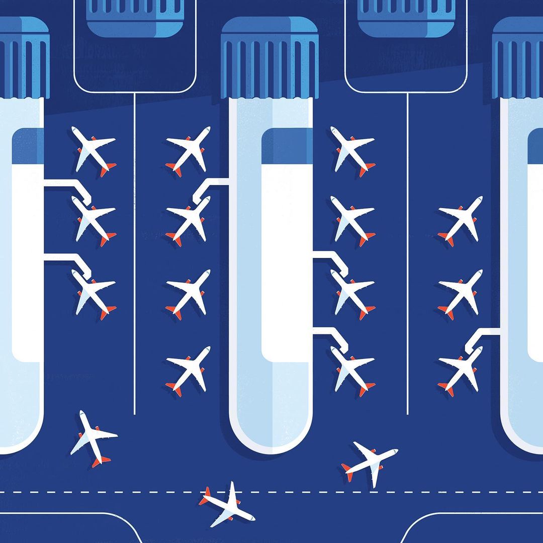 Stylized graphic of airplanes flowing through test tubes, creating a travel or healthcare concept in a blue color palette.