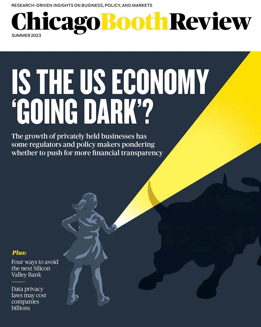 Magazine cover illustration featuring a young woman shining a light on a dark bull shadow, representing insights into the US economy.