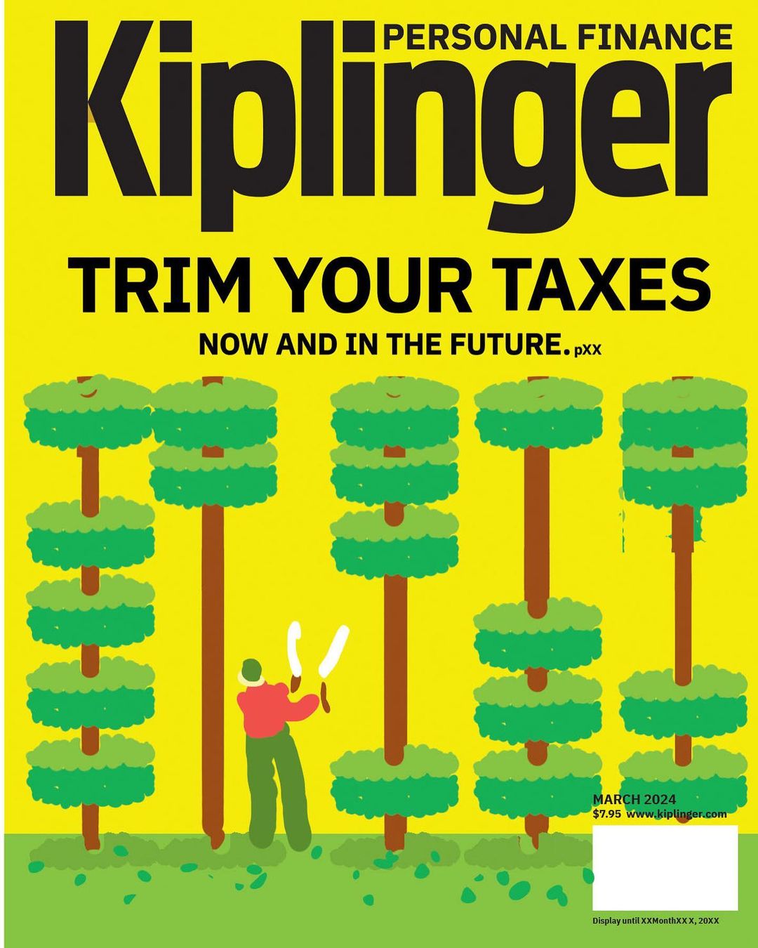 Illustration of a magazine cover featuring a person pruning tree-shaped bushes under the title "Kiplinger's Personal Finance."