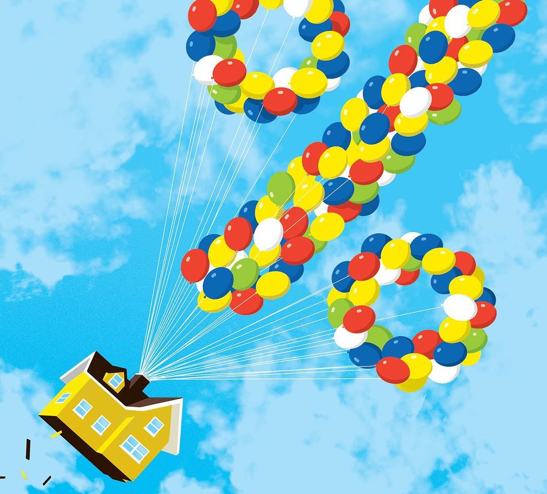 Illustration of a house being carried by balloons shaped as a percentage sign against a blue sky with scattered clouds.