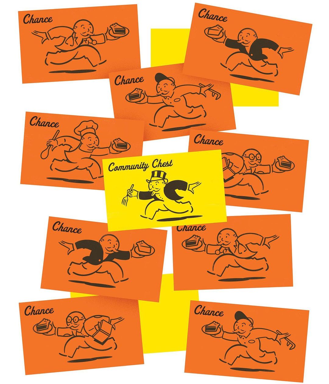 Overhead shot of 'Chance' and 'Community Chest' cards with cartoon illustrations of a businessman, chef, and other figures.