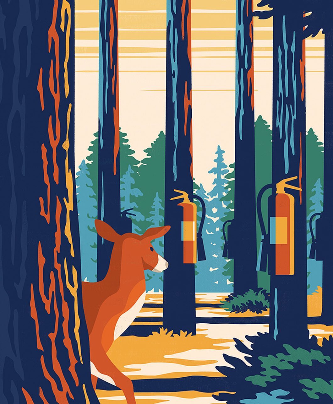 Illustration of a deer in a forest with tall trees, green undergrowth, and fire extinguishers attached to some of the trees.