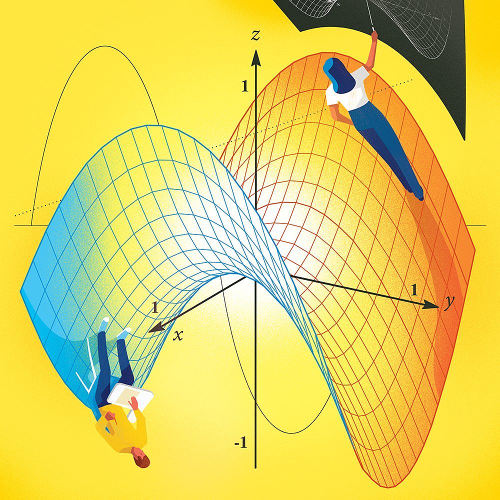 Illustration of two individuals interacting with a 3D graph on a yellow background, showcasing abstract mathematics and digital art.