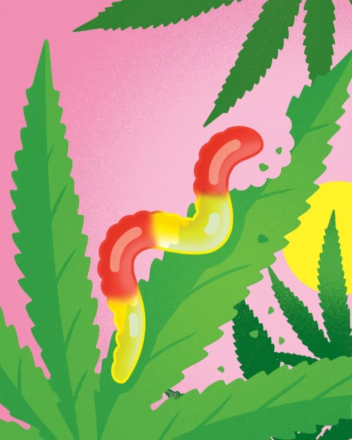 Illustration of a gummy worm with red and yellow sections on a green leaf against a pink background with a yellow circle.