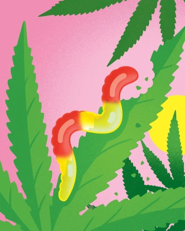 Illustration of a gummy worm with red and yellow sections on a green leaf against a pink background with a yellow circle.