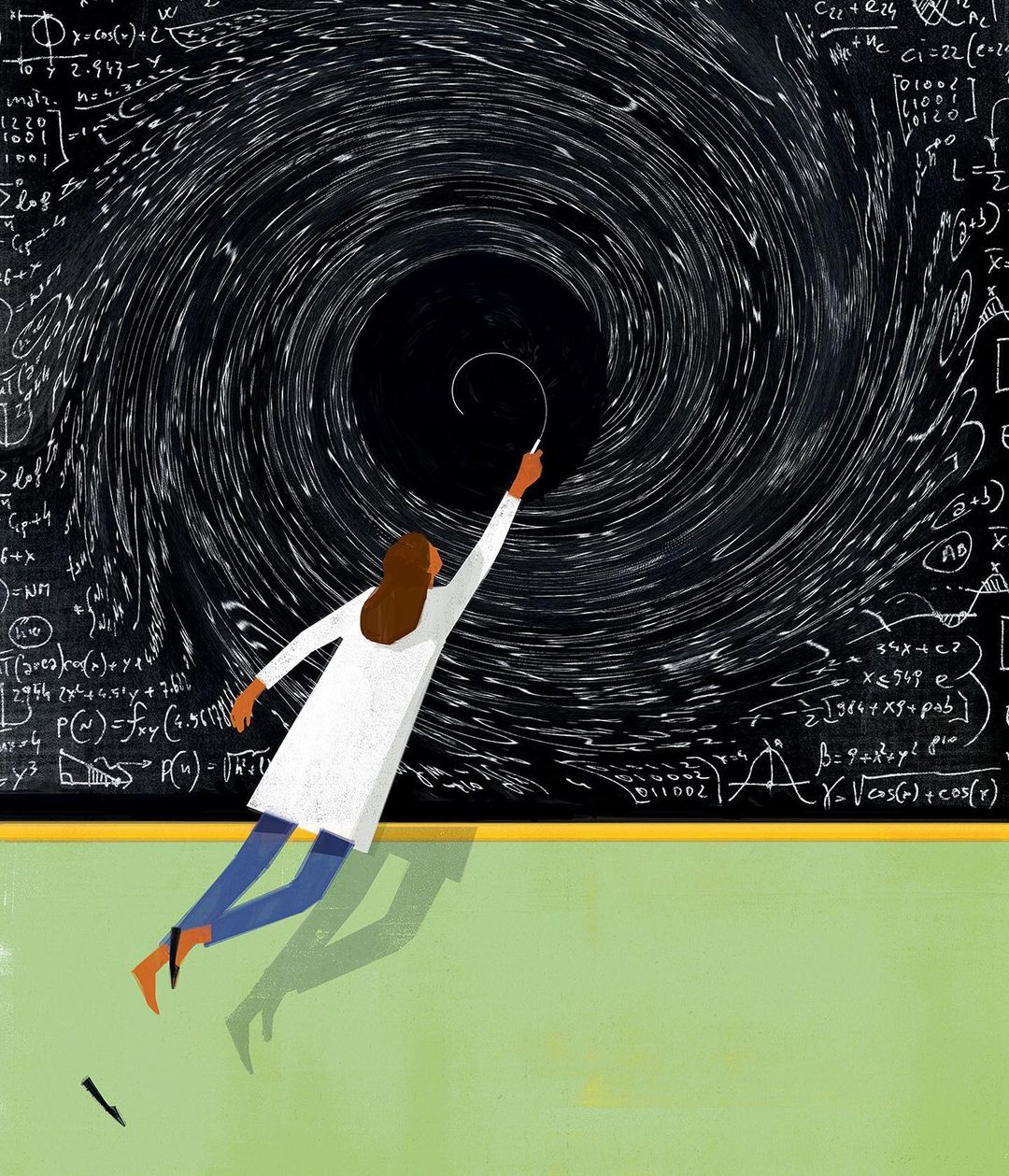 Illustration of a woman in a lab coat drawing on a chalkboard covered in mathematical equations, depicting a swirling vortex or black hole.