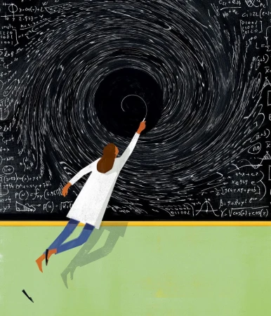 Illustration of a woman in a lab coat drawing on a chalkboard covered in mathematical equations, depicting a swirling vortex or black hole.