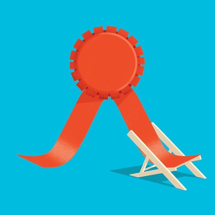 Illustration of an orange award rosette with ribbons leading to a miniature beach chair on a vibrant turquoise background.