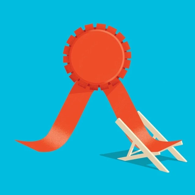 Illustration of an orange award rosette with ribbons leading to a miniature beach chair on a vibrant turquoise background.