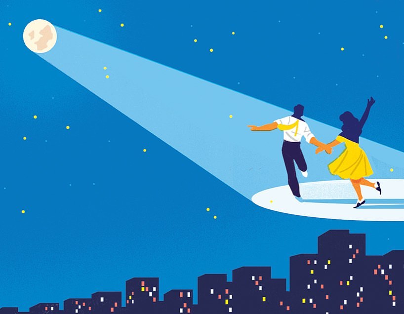 Illustration of a man and woman dancing under a spotlight with city buildings and a night sky with stars and a moon in the background.