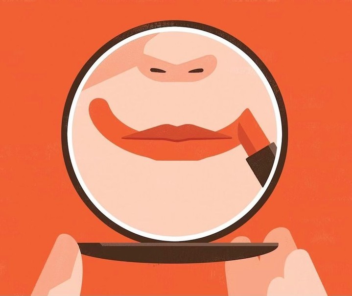 Illustration of a person applying red lipstick while looking in a round, handheld mirror against a peach-colored background.