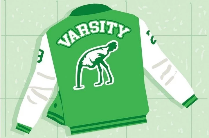 Illustration of a green and white varsity jacket with an image of a backwards-facing emu on the back of the jacket.