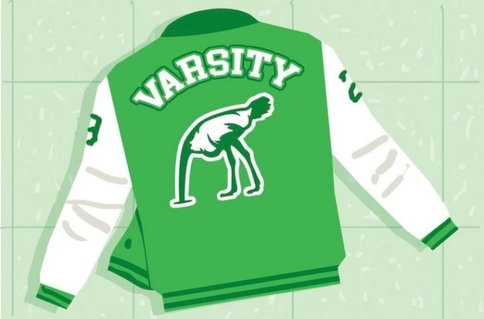 Illustration of a green and white varsity jacket with an image of a backwards-facing emu on the back of the jacket.