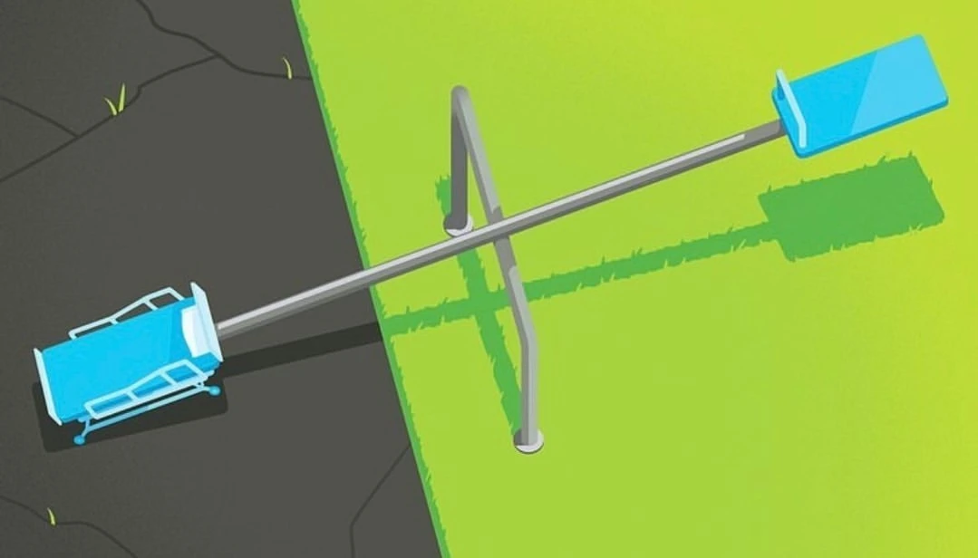 Cartoon seesaw illustration contrasting a medical bed on gray with a blue mat versus a blue mat on a green background.