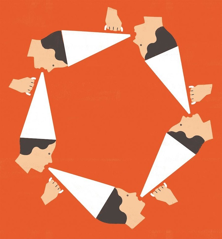 Illustration of a group of people arranged in a circle each holding a cone to the mouth of the next person, on an orange background.