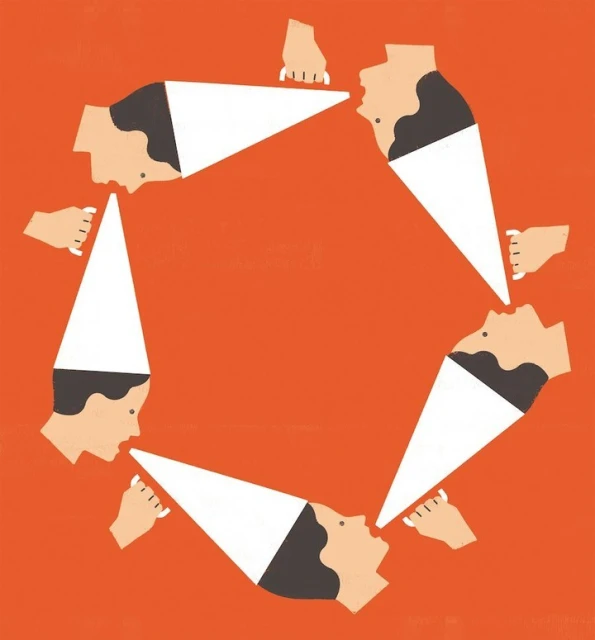 Illustration of a group of people arranged in a circle each holding a cone to the mouth of the next person, on an orange background.