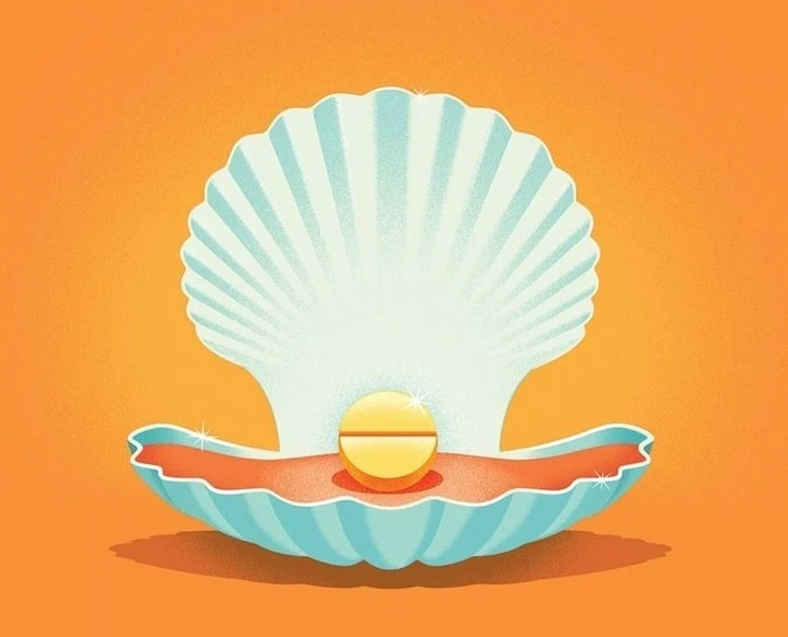 Illustration of a light blue seashell with a yellow pill inside against an orange background, showcasing a blend of healthcare and art.