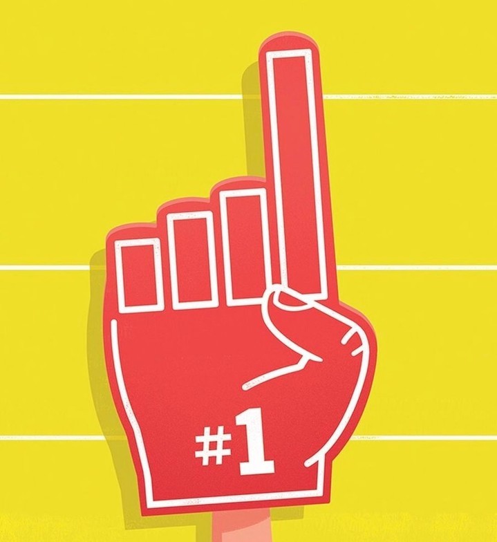 Illustration of a red foam finger with the number one, set against a yellow background with horizontal white lines.