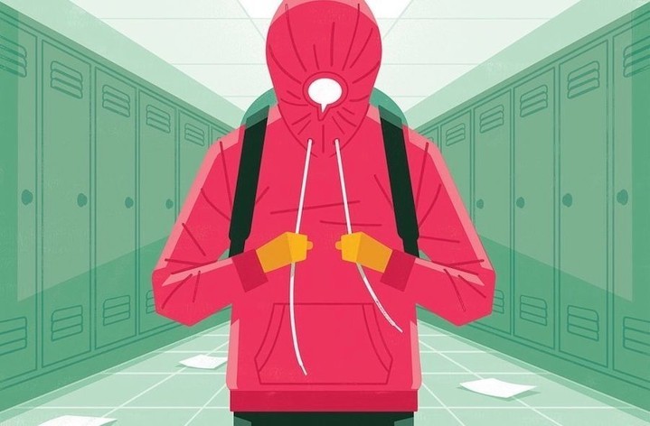Illustration of a person wearing a hooded sweatshirt and a backpack walking in a school hallway with lockers and scattered papers.