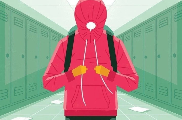 Illustration of a person wearing a hooded sweatshirt and a backpack walking in a school hallway with lockers and scattered papers.