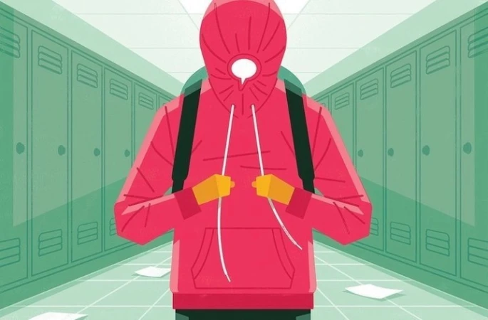 Illustration of a person wearing a hooded sweatshirt and a backpack walking in a school hallway with lockers and scattered papers.