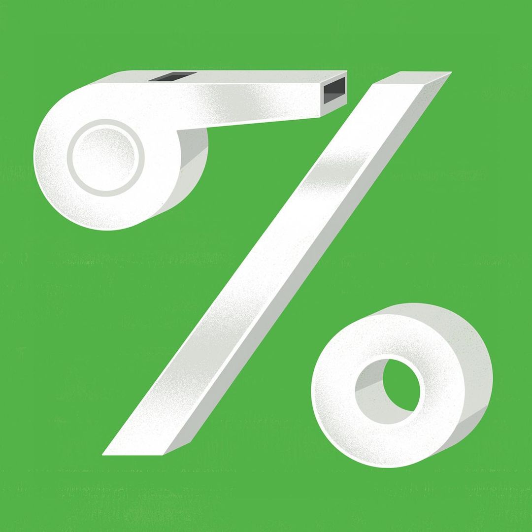 Illustration of a white sports whistle combined with a percentage symbol on a green background, creating a visual pun.