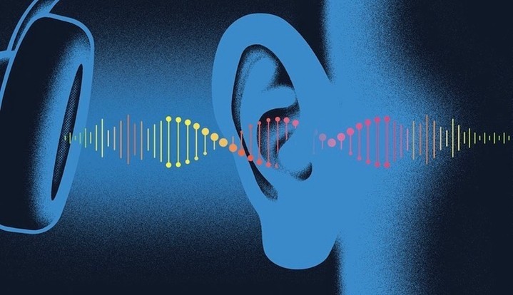 Illustration of sound waves and an ear with headphones in blue tones against a dark background, depicting sound and music.
