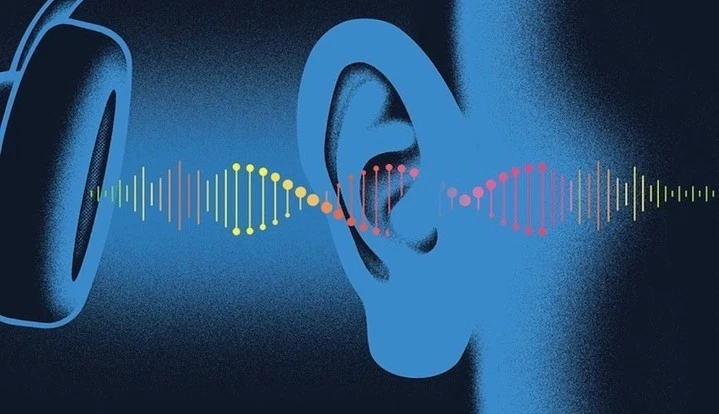 Illustration of sound waves and an ear with headphones in blue tones against a dark background, depicting sound and music.