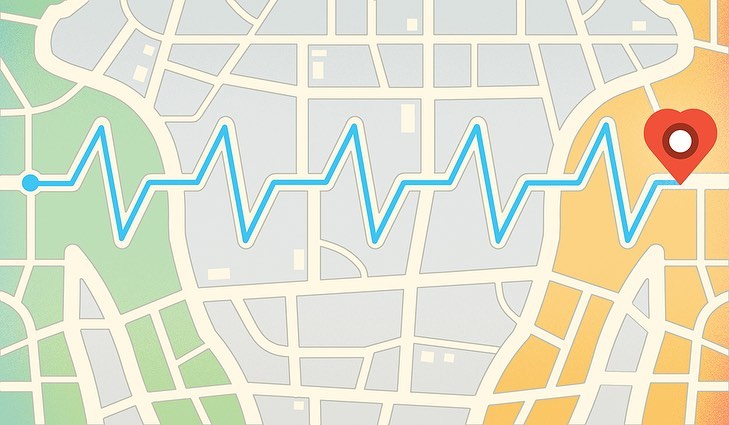 Illustrated map with a heart-shaped pin and a vibrant blue line charting a path, potentially highlighting health-related services.