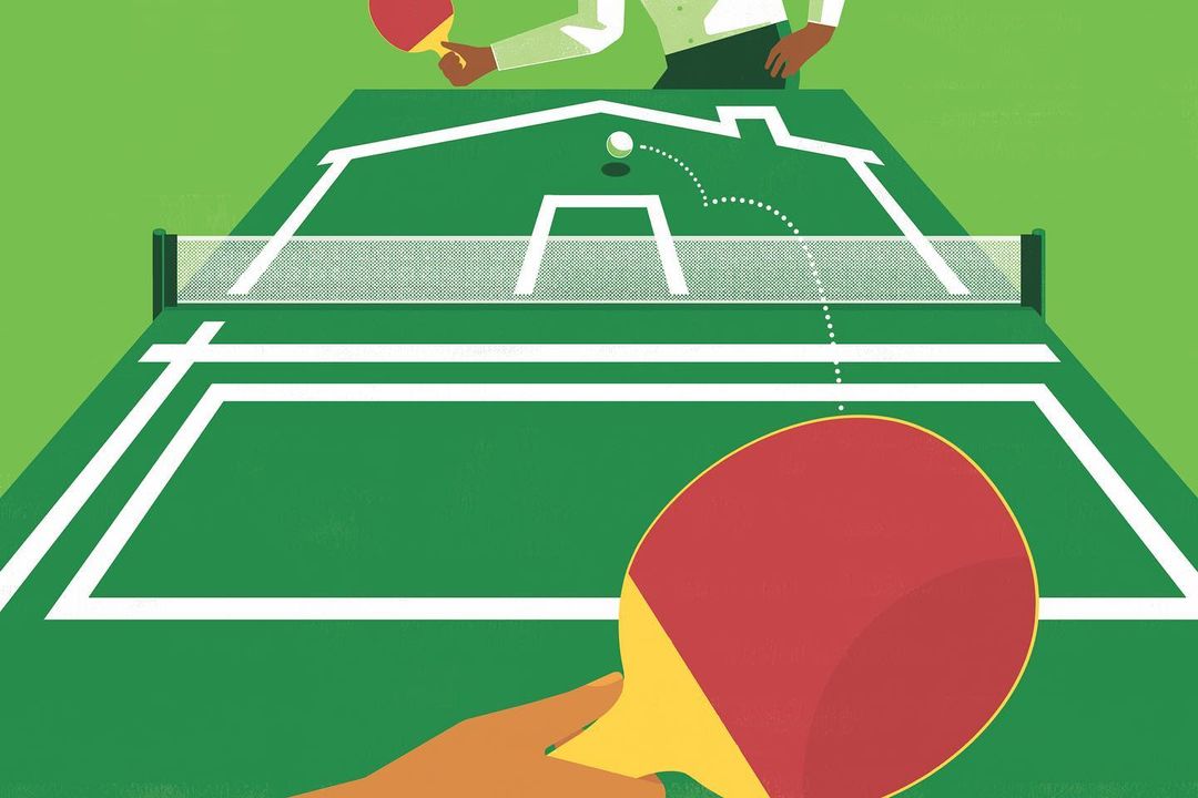 Illustration of two people playing table tennis with a white ball in mid-air, set against a green background.