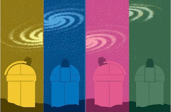 Colorful graphic illustration of four observatory buildings under swirling starry skies in yellow, blue, pink, and green hues.