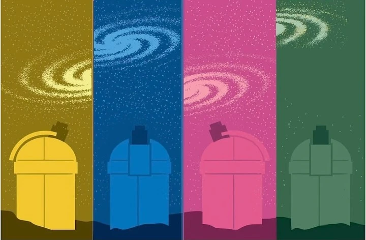 Colorful graphic illustration of four observatory buildings under swirling starry skies in yellow, blue, pink, and green hues.