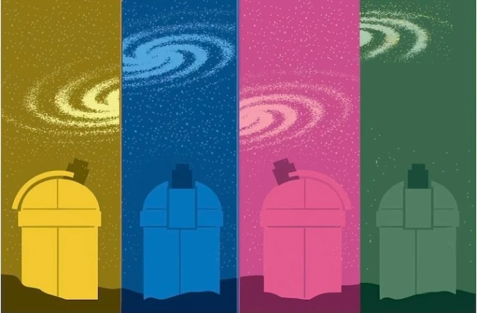Colorful graphic illustration of four observatory buildings under swirling starry skies in yellow, blue, pink, and green hues.