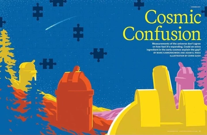 Illustration of observatory silhouettes under a starry night sky with puzzle piece motifs and the words 'Cosmic Confusion' in yellow.