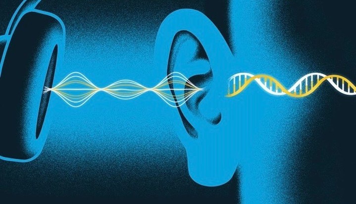 Illustration of headphones, ear, and soundwaves against a blue background. Conceptual imagery related to hearing, music, or audio technology.