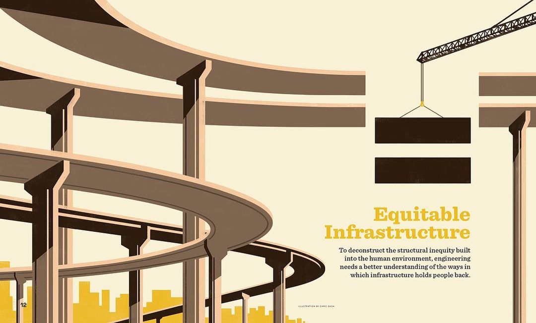 Illustration of an elevated highway under construction, with city buildings in the distance and the text "Equitable Infrastructure."